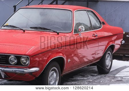 VELBERT NRW GERMANY - MARCH 07 2016: Oldtimer red Opel Manta in a public parking in Velbert Germany.