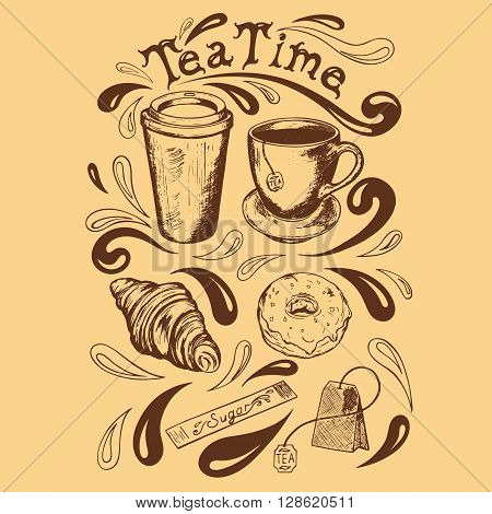set of cup and saucer cup of takeaway coffee tea bag krousan donut with icing sugar and a bag of tea time lettering in a retro style