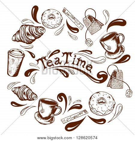 inscription tea time in the center of the frame of the tea cups tea bags donuts croissants sugar stick and splashing in retro style