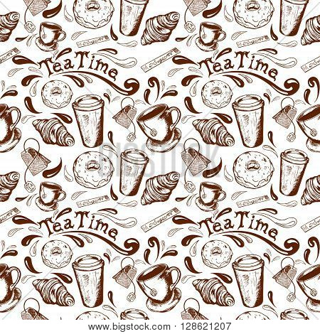 seamless pattern with inscription tea time donut glaze croissant cup and saucer cup of coffee to go Stick sugar and splatter retro hand-drawn