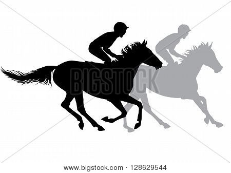 Two jockeys riding horses. Horse races. Competition. Silhouettes on a white background.