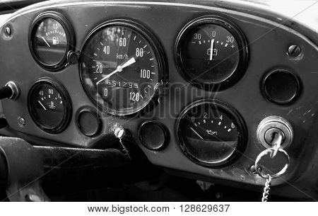 Dashboard in an old truck in black and white