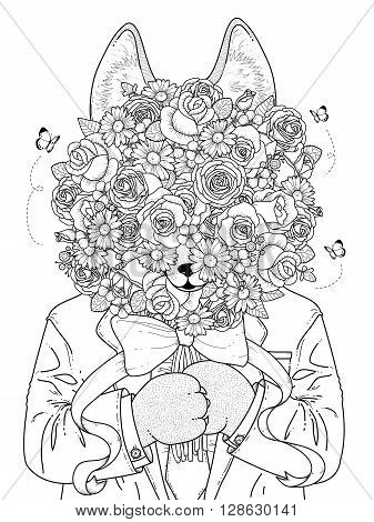 adult coloring page - wolf hides behind roses bouquet