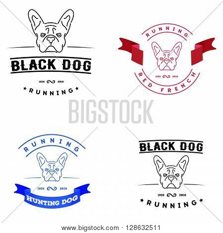 Set of logos with french bulldog and tape. Nanoline style