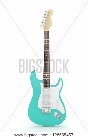Isolated turquois electric guitar on white background.  Musical instrument for rock, blues, metal songs. 3D rendering.