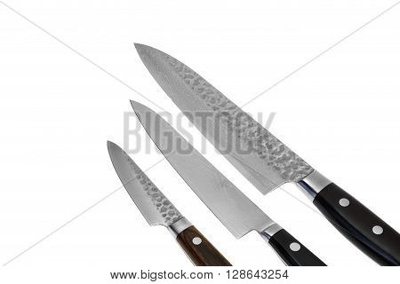 Three Multifunction Japanese Kitchen Or  Chief Knife Isolated On White