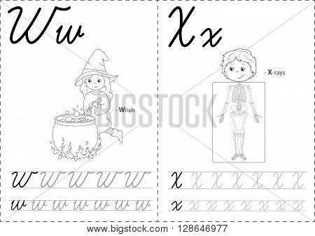 Cartoon Witch And X-rays. Alphabet Tracing Worksheet: Writing A-z And Educational Game For Kids