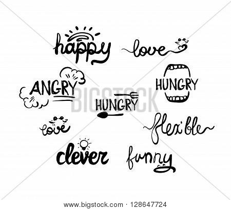 Style words, phrases, handwritten modern brush lettering, that shows emotions. Hand drawn design ampersands and catchwords