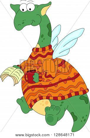 Cartoon Dragon In A Sweater Reads A Book