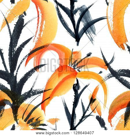 Lily. Watercolor and ink painting in style gohua sumi-e u-sin. Oriental traditional painting. Seamless pattern.