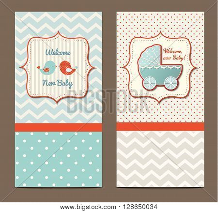 Two baby showers with cute birds and stroller, vector illustration, eps 10 with tranparency
