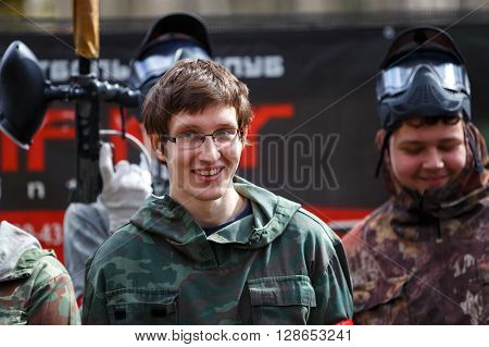 Saint-Petersburg, Russia - April 24, 2016: Paintball tournament in Snaker club between student teams from five universities. Group photo.