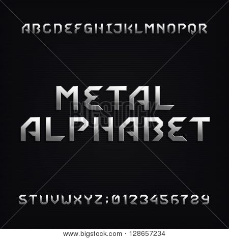 Metal alphabet font. Chrome effect letters and numbers on a dark background. Vector typeface for your design.