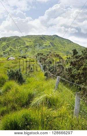 view from a beautiful hiking route the kerry way in ireland of fence leading to rocky mountains