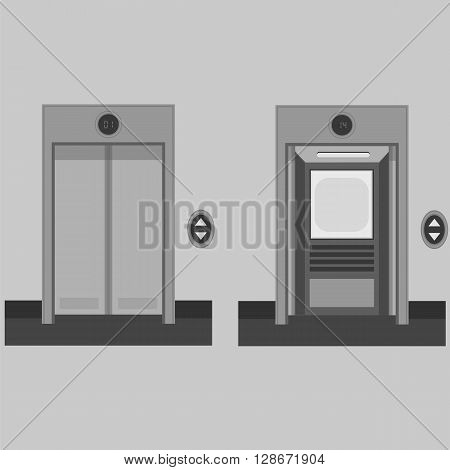 Metal Office Building Elevator on Grey Background. Closed and Open Doors.
