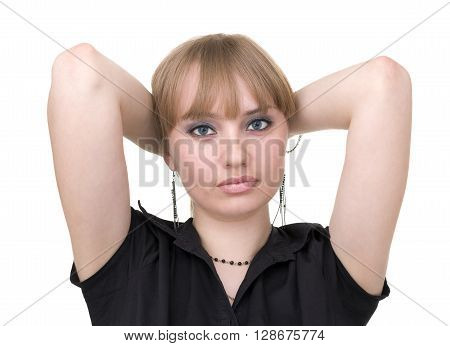 portrait of attractive caucasian smiling woman isolated on white with copyspace studio shot
