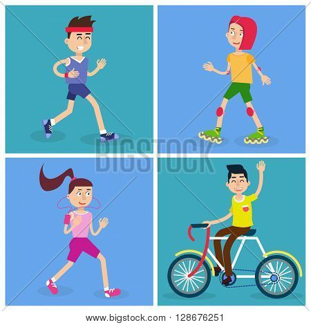 Active People Man and Woman Runners and Girl on Roller Skates. Man on Bicycle Vector illustration