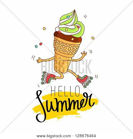 Ice cream in a waffle cup rides on roller skates. The inscription hello summer on a smear of yellow ink. Vector illustration on white background. Excellent print on a T-shirt. Fashionable calligraphy.
