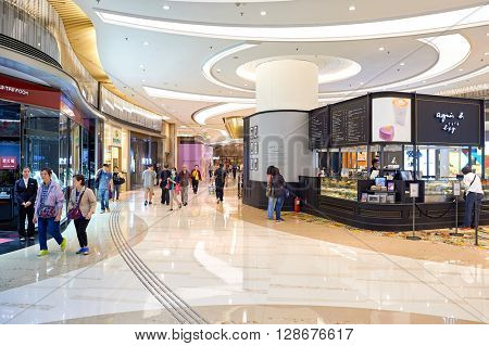 HONG KONG - APRIL 23, 2015: inside of the PopCorn Shopping Mall. PopCorn is a shopping mall atop Tsueng Kwan O MTR station