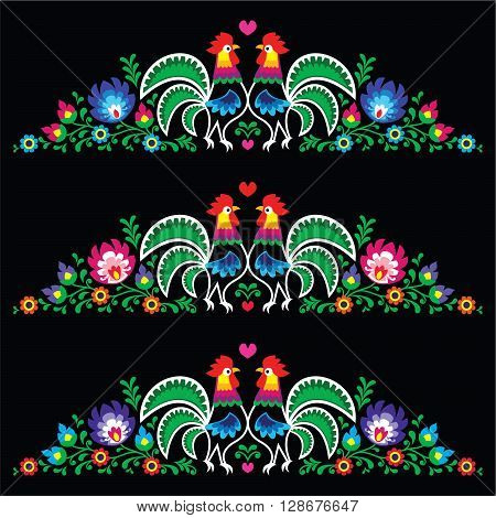 Polish folk art embroidery with roosters - traditional folk pattern