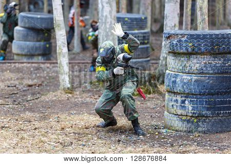 Saint-Petersburg, Russia - April 24, 2016: Paintball tournament in Snaker club between student teams from five universities. Game process.