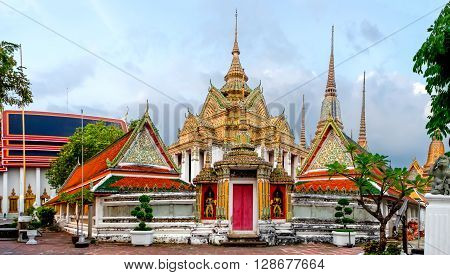 Panorama of Wat Pho Temple in Bangkok Thailand. Wat Pho known also as the Temple of the Reclining Buddha.