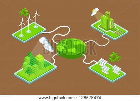 Green Planet Charge Fromm Station Solar Energy Panel Wind Turbine Tower Recycle Technology Battery 3d Isometric Vector Illustration