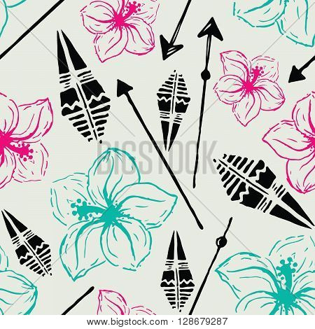 Vector seamless pattern. Universal colorful summer hawaiian flowers, aztec arrows in black, blue, pink. Modern design, wallpaper, wrapping paper, tourism
