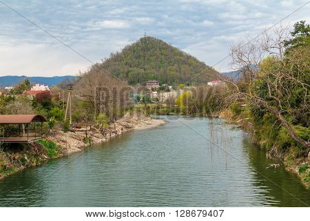 View of the river the mountain the village and the forest from the bridge