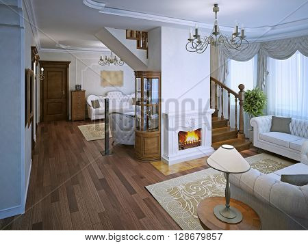 Lounge in art deco style with fireplace. Parquet flooting and cream pattern carpet. 3D render