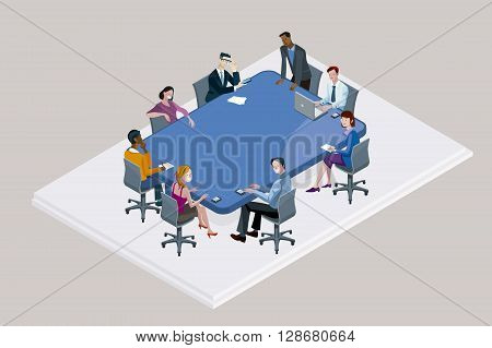 Colleagues at an office meeting arround a big blue conference table.