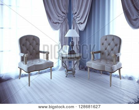 Two lether unpolstery armchair near window. 3D render