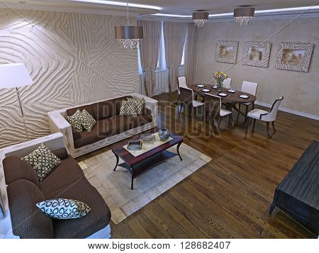 Luxury studio apartments in modern design. Beautiful leather sofas and mahogany wood low table. 3D render