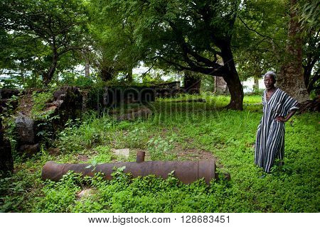 Sierra Leone, West Africa - June 2, 2013: the beaches of the Bunce Island, situated in Freetown Harbour, remnants of the British Empire guns