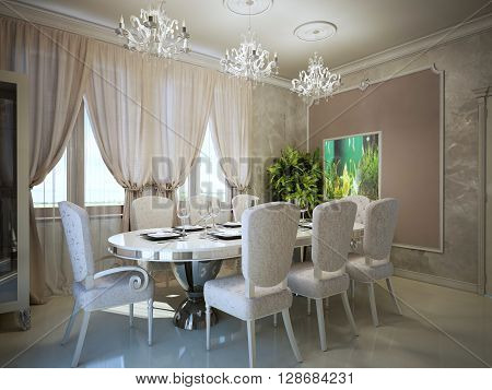 Dining in art deco trend. Molding on the walls in a modern interior. Served oval dining table for eight person. 3D render
