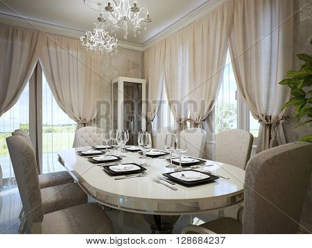 Light beige colors in modern interior of dining. Ceramic table with black and white plates vine glass fabric upholstery clairs. 3D render