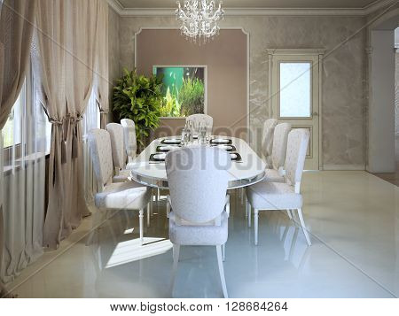 Expensive apartments in avantgarde style. Dining with white furniture. 3D render