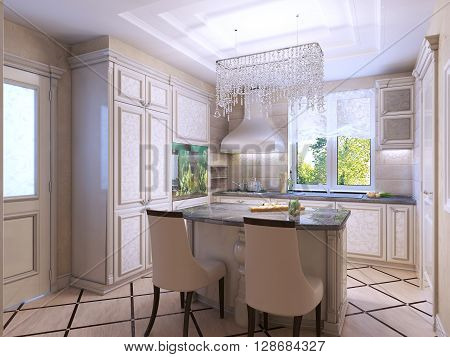 Beautiful kitchen art deco style. Frontal patterned cabinets dark stone countertops. 3D render