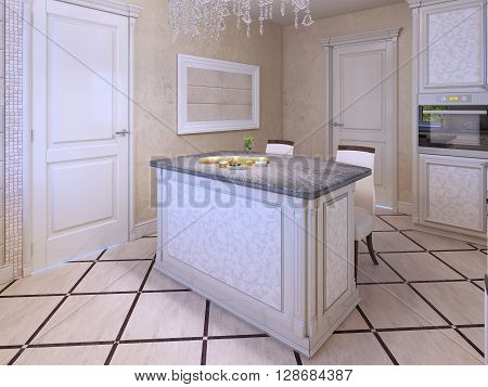 Idea of avantgarde kitchen in cream colors. Patterned frontal panel in kitchen cabinets. 3D render