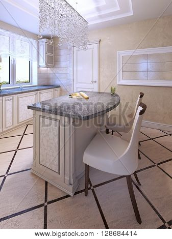Bar chairs by art deco kitchen island. Fabric chair with dark brown wooden carcas. 3D render