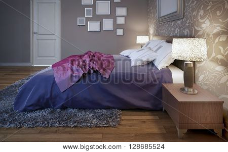 Dressed bed in pretty good bedroom. 3D render