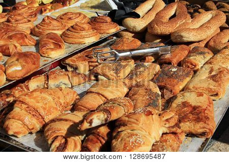 An open air market stall with sweet pastries in the Christian quarter of Old Jerusalem, Israel.  Also known as the Muristan.