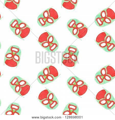 Luchador or fighter mask. Seamless pattern with hand-drawn lucha libre - free fight - masks - colorful helmets on the white background. Real watercolor drawing.