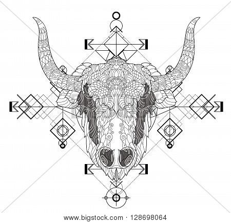Front view of yak head doodle , geometric trendy line design. Vector illustration for tattoo or print.Abstract geometrical ethnic pattern.