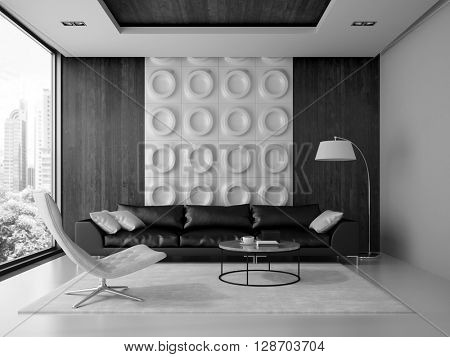 Interior of modern design room with black couch 3D rendering 