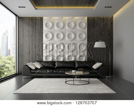 Interior of living room with black couch 3D rendering 