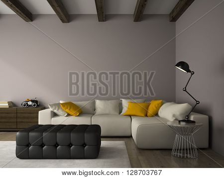 Interior of modern design room with white couch 3D rendering 