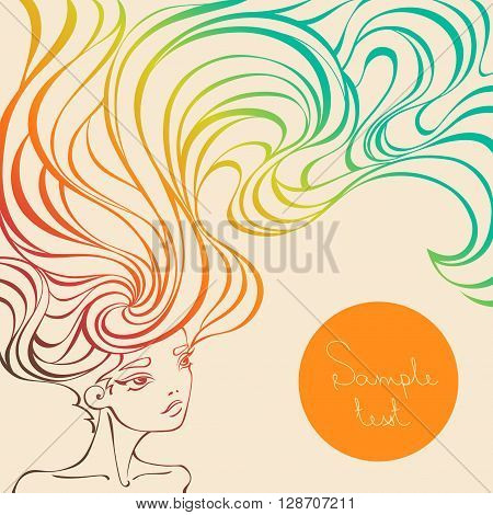 Portrait of a beautiful girl with long wavy hair. Stylized colorful background in linear style with gradient. Vector illustration. Card for beauty salon hair salon and spa