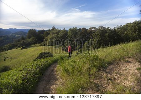 Man in red vest hiking in the green countryside of Sonoma County, California.
** Note: Soft Focus at 100%, best at smaller sizes