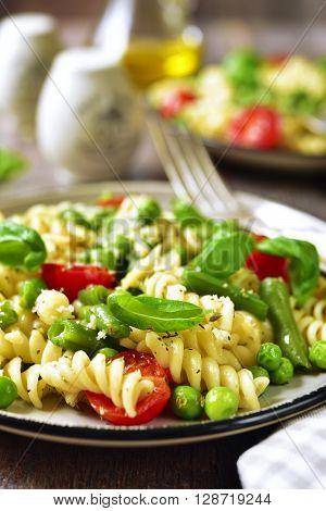 Pasta Primavera On A Vintage Plates.